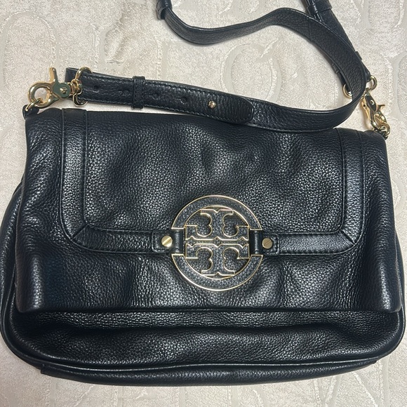 Tory Burch Pebble Black Leather Bag Fold Over Crossbody - Picture 2 of 9